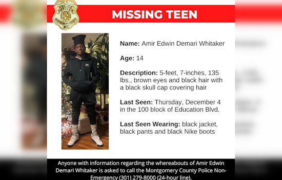 Montgomery County Police Seek Public's Aid in Search for Missing 14-Year-Old Amir Whitaker
