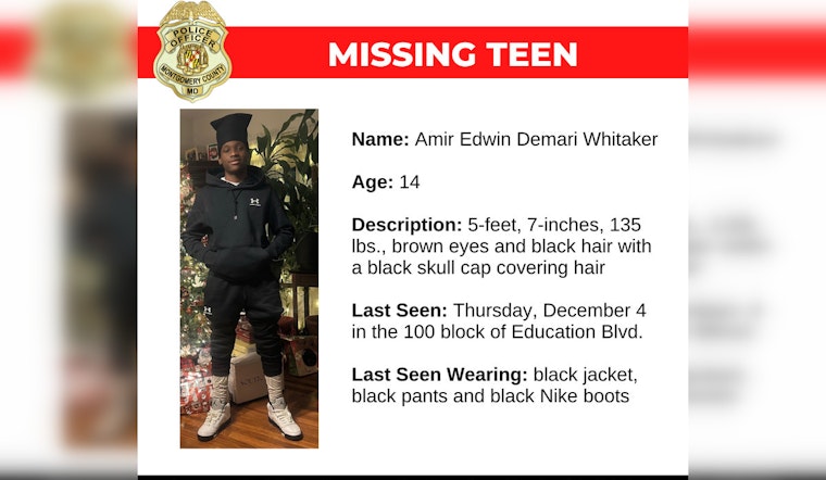 Montgomery County Police Seek Public's Aid in Search for Missing 14-Year-Old Amir Whitaker