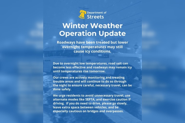 Philadelphia Department of Streets Warns of Icy Roads, Advises Caution and Limited Travel