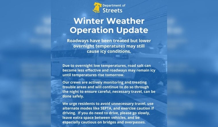 Philadelphia Department of Streets Warns of Icy Roads, Advises Caution and Limited Travel