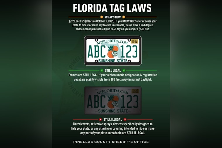 Pinellas County Sheriff's Office Clarifies License Plate Frame Law, Warns Against Obscuring Plates
