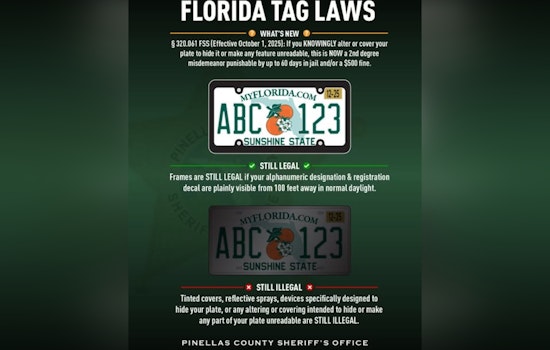 Pinellas County Sheriff's Office Clarifies License Plate Frame Law, Warns Against Obscuring Plates