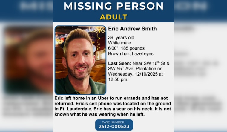 Search Intensifies in Plantation for Missing Man Eric Andrew Smith, Authorities Urge Public Assistance