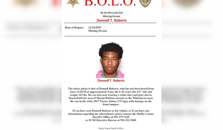 Shelby County Sheriff's Office Seeks Help to Find Missing Memphis Man Donnell Roberts