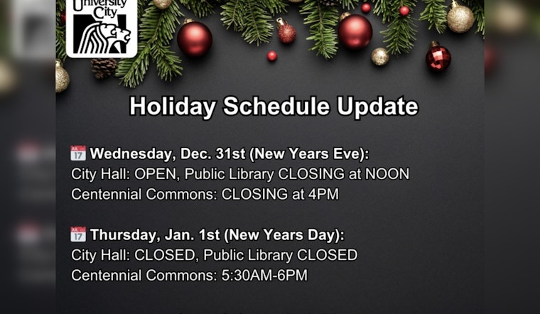 University City Announces Adjusted Holiday Hours for City Services Ahead of New Year Celebrations