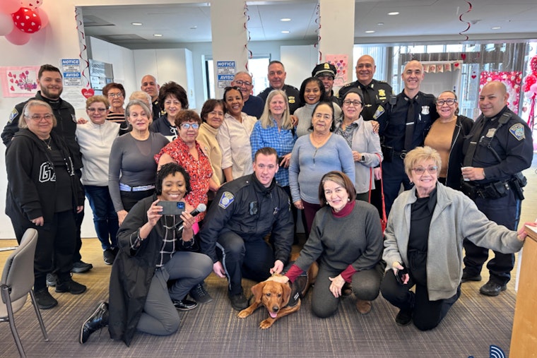 Boston Police and Comfort Dog Copper Connect with Locals at "Coffee with a Cop" Event in East Boston