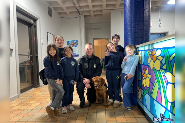 Boston Police Comfort Dog Copper Charms Kids at East Boston's Salesian Boys & Girls Club