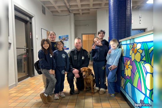 Boston Police Comfort Dog Copper Charms Kids at East Boston's Salesian Boys & Girls Club