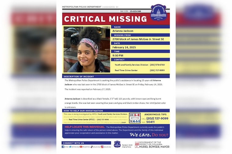 DC Police Seek Public's Assistance in Locating Missing 15-Year-Old Arianna Jackson