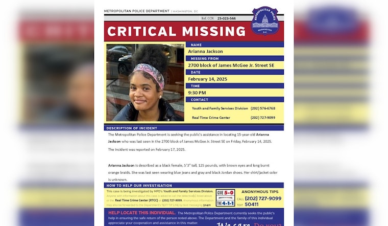 DC Police Seek Public's Assistance in Locating Missing 15-Year-Old Arianna Jackson