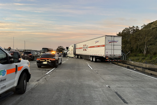 Jack-Knifed Big Rig Spills Diesel, Damages Bridge on US-101 Southbound Near Brisbane, Causing Major Delays
