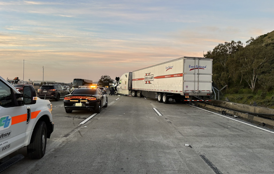 Jack-Knifed Big Rig Spills Diesel, Damages Bridge on US-101 Southbound Near Brisbane, Causing Major Delays