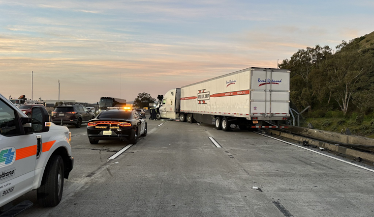 Jack-Knifed Big Rig Spills Diesel, Damages Bridge on US-101 Southbound Near Brisbane, Causing Major Delays