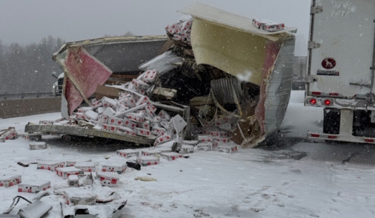 Truck Carrying Eggs Crashes on Icy Oklahoma Turnpike, Minor Injuries Reported Amidst 300 Weather-Related Accidents
