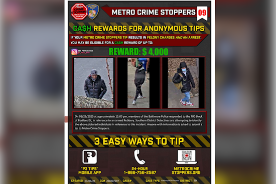 Baltimore Police Seek Public's Help to Identify Suspects in Portland Street Armed Robbery