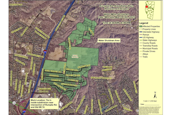 Clermont County Announces Day-Long Water Service Interruption for Rumpke Rd. Area Main Replacement Project
