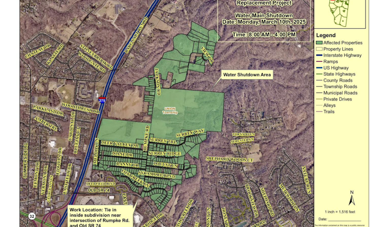 Clermont County Announces Day-Long Water Service Interruption for Rumpke Rd. Area Main Replacement Project
