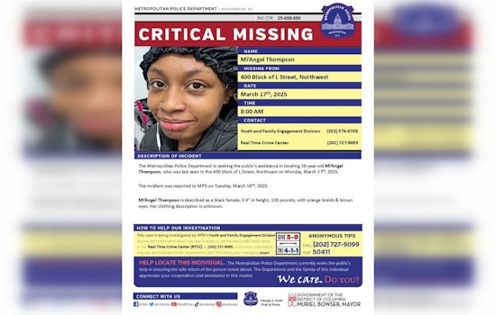 DC Police Department Issues Alert for Missing 16-Year-Old Mi'Angel Thompson Last Seen in Northwest DC
