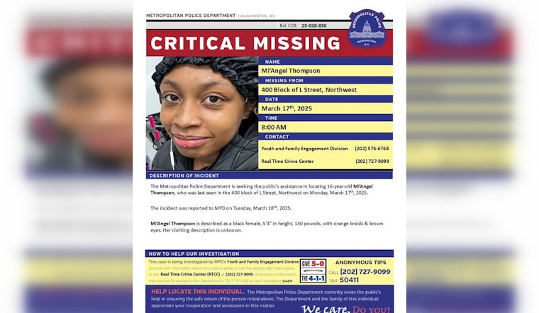 DC Police Department Issues Alert for Missing 16-Year-Old Mi'Angel Thompson Last Seen in Northwest DC