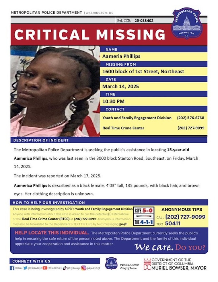 DC Police Issue Urgent Appeal for Missing 15-Year-Old Aamerica Phillips, Community Rallies in Search Efforts