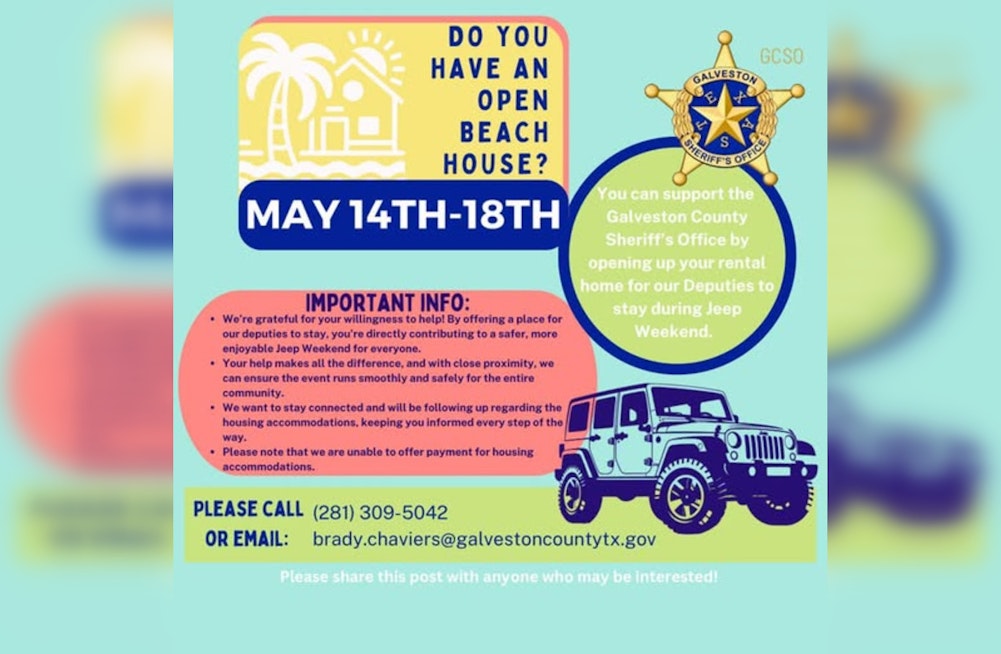 Galveston County Sheriff's Office Seeks Housing for Deputies Ahead of Jeep Weekend on Bolivar Peninsula