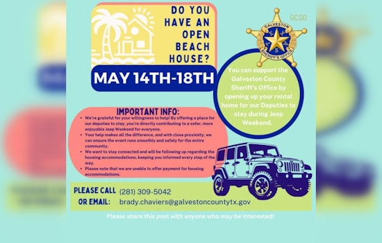 Galveston County Sheriff's Office Seeks Housing for Deputies Ahead of Jeep Weekend on Bolivar Peninsula
