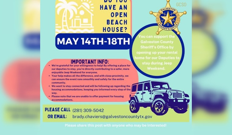 Galveston County Sheriff's Office Seeks Housing for Deputies Ahead of Jeep Weekend on Bolivar Peninsula