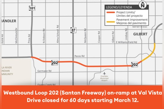 Gilbert Drivers Alert, 60-Day Closure of Loop 202 Westbound On-Ramp at Val Vista Drive Begins March 12
