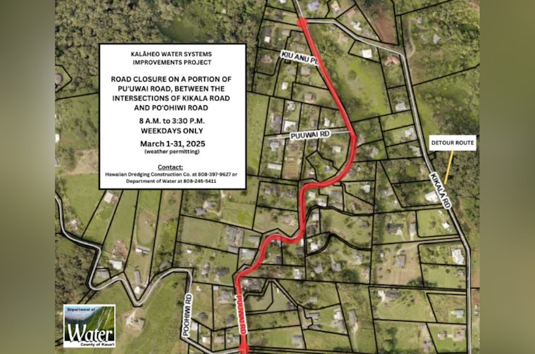 Kalāheo Road Closures Extended to March End Due to Water System Improvements
