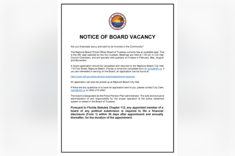 Neptune Beach Seeks Finance-Savvy Community Member for Police Pension Board Position