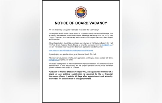 Neptune Beach Seeks Finance-Savvy Community Member for Police Pension Board Position