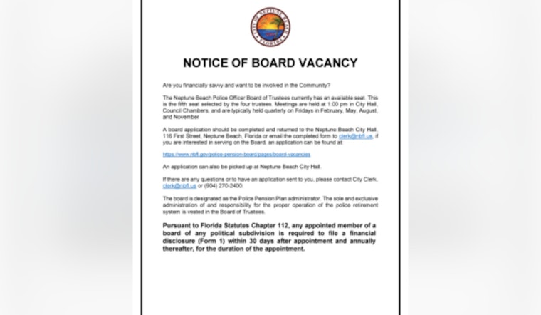 Neptune Beach Seeks Finance-Savvy Community Member for Police Pension Board Position