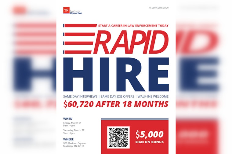 Tennessee Department of Correction Hosts Rapid Hire Event in Nashville with $5,000 Sign-On Bonus