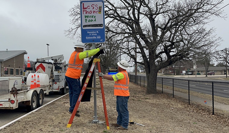 Waco Student's Safety Artwork Transforms into Roadside Reminder: "Less phone. More road."