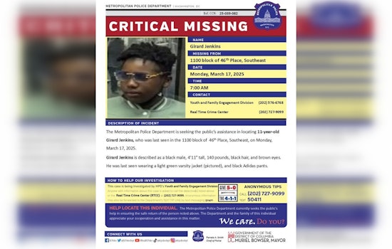 Washington DC Police Issue Urgent Appeal in Search for Missing 11-Year-Old Girard Jenkins