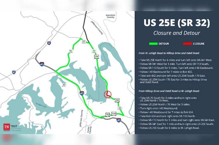 Weekend Detour Alert U.S. 25E in Cocke County Closed for Pipe Installation