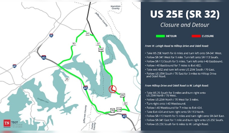 Weekend Detour Alert U.S. 25E in Cocke County Closed for Pipe Installation