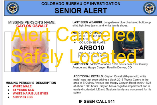 84-Year-Old Man with Cognitive Impairment Found Safe After Colorado Alert Activation