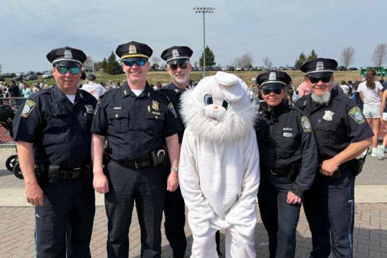 Boston Police Officers Join in Festive Fun at West Roxbury's Parkway In Motion Easter Egg Hunt