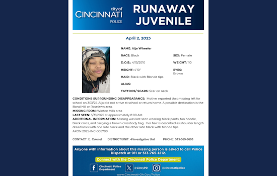 Cincinnati Police Seek Public's Help in Locating Missing Teen Aija Wheeler