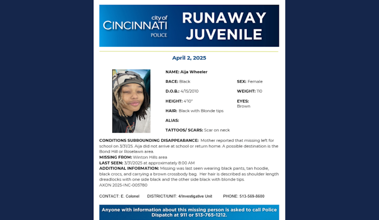 Cincinnati Police Seek Public's Help in Locating Missing Teen Aija Wheeler