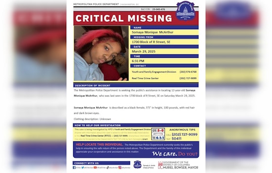 DC Police Issue Urgent Appeal for Public's Help in Locating Missing 12-Year-Old Somaya McArthur