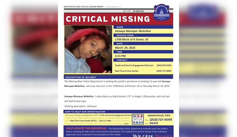 DC Police Issue Urgent Appeal for Public's Help in Locating Missing 12-Year-Old Somaya McArthur