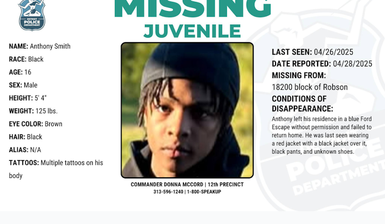 Detroit Police Seek Public's Help in Locating Missing 16-Year-Old Anthony Smith