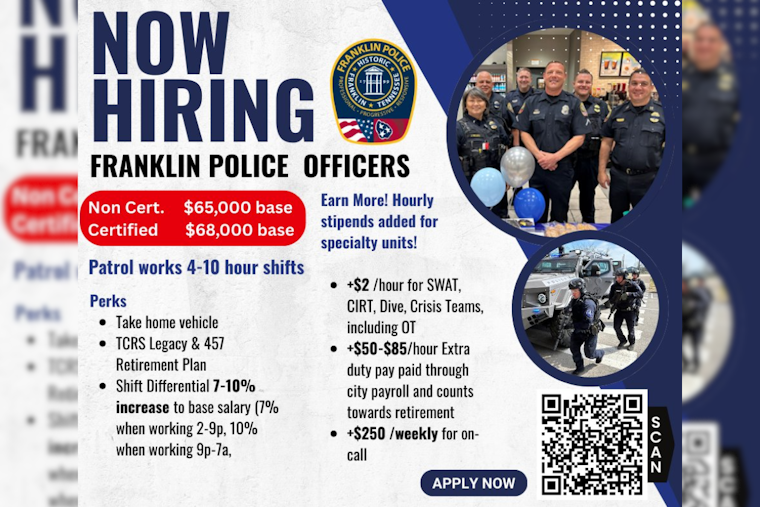 Franklin Police Department Seeks New Recruits, Offers $65K Starting Salary Among Other Incentives