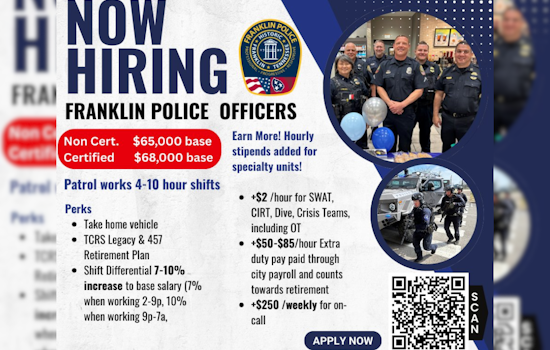 Franklin Police Department Seeks New Recruits, Offers $65K Starting Salary Among Other Incentives