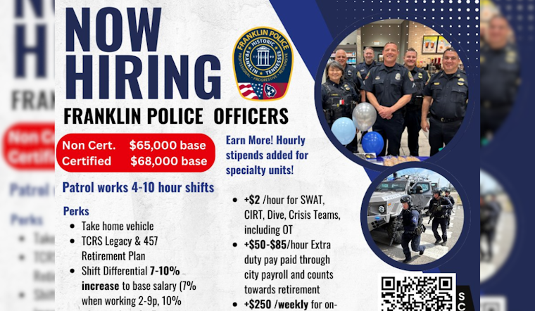 Franklin Police Department Seeks New Recruits, Offers $65K Starting Salary Among Other Incentives