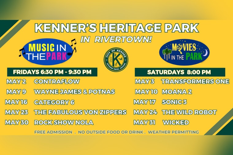 Kenner's Rivertown Heritage Park Gears Up for Free Music and Movies in May