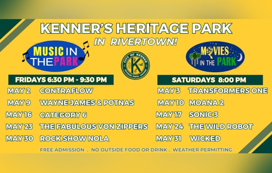 Kenner's Rivertown Heritage Park Gears Up for Free Music and Movies in May