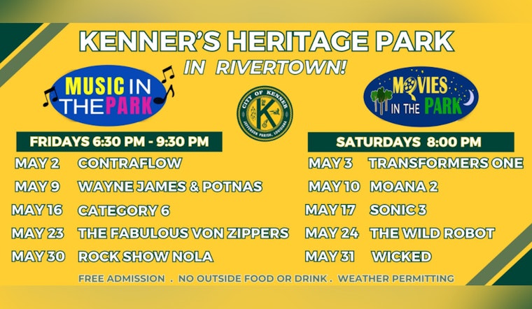 Kenner's Rivertown Heritage Park Gears Up for Free Music and Movies in May